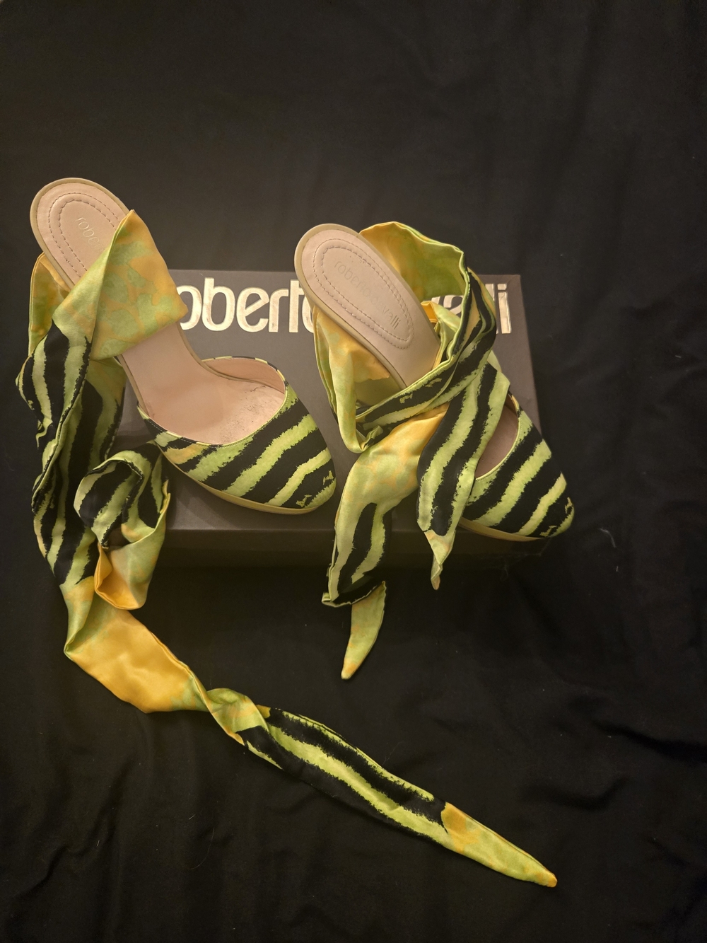 Roberto Cavalli Neon Green and Yellow Zebra Stripe Tie-Ankle Mules